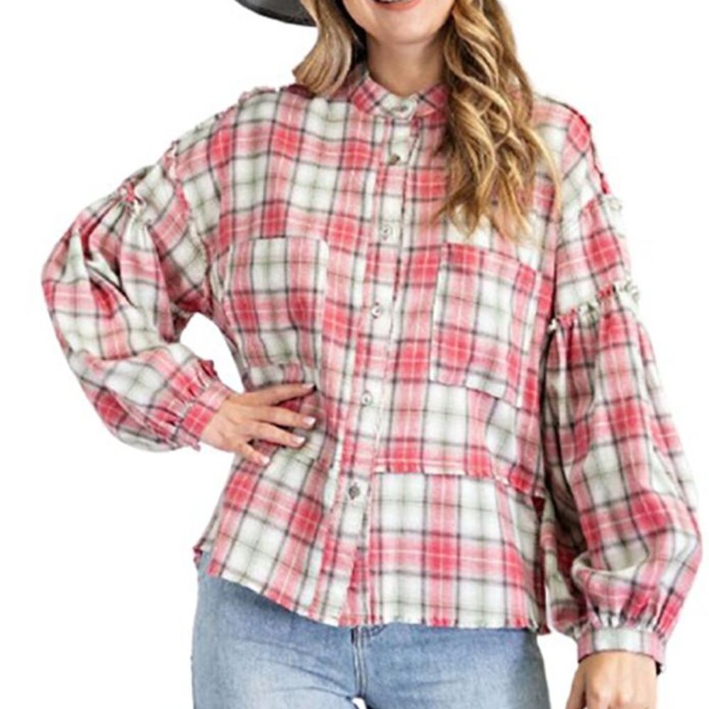 Anthropologie Oversized Plaid Blouse Balloon Sleeves Slouchy Feminine Raw Hem